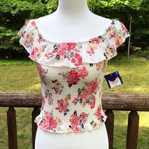 White Flower Print Off the Shoulder Tank Top